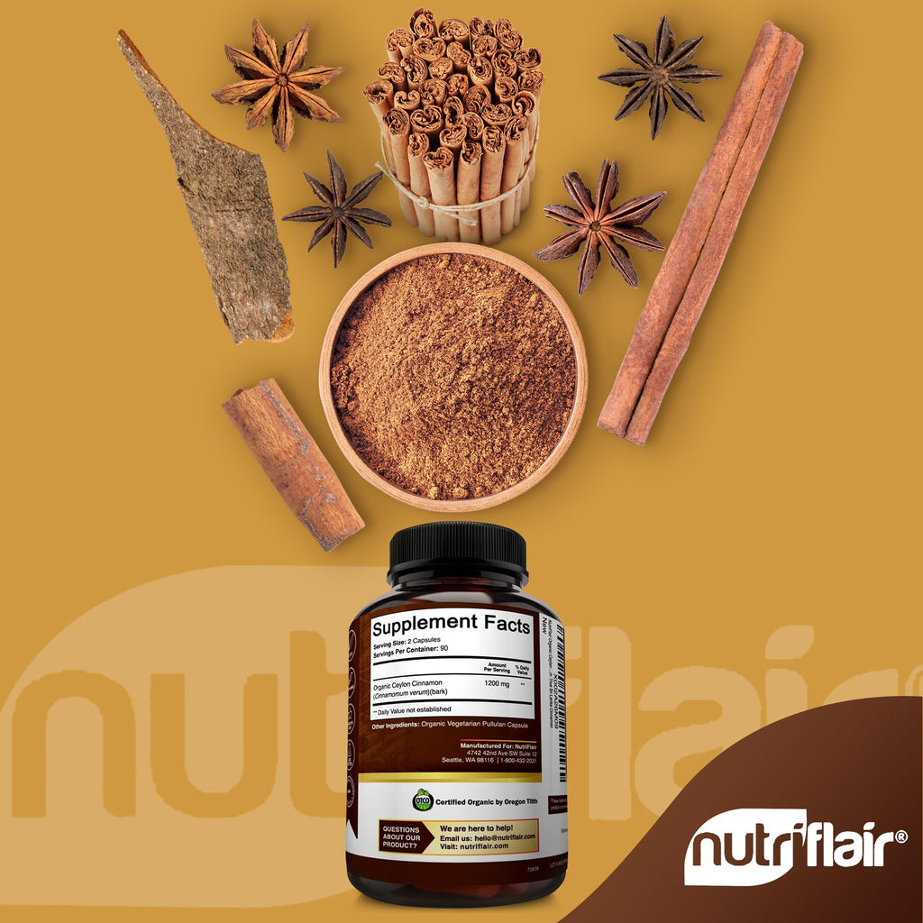 NutriFlair Organic Ceylon Cinnamon (100% Certified Organic Ceylon Cinnamon) 1200mg per Serving, 180 Capsules - Joints, Inflammatory, Antioxidant