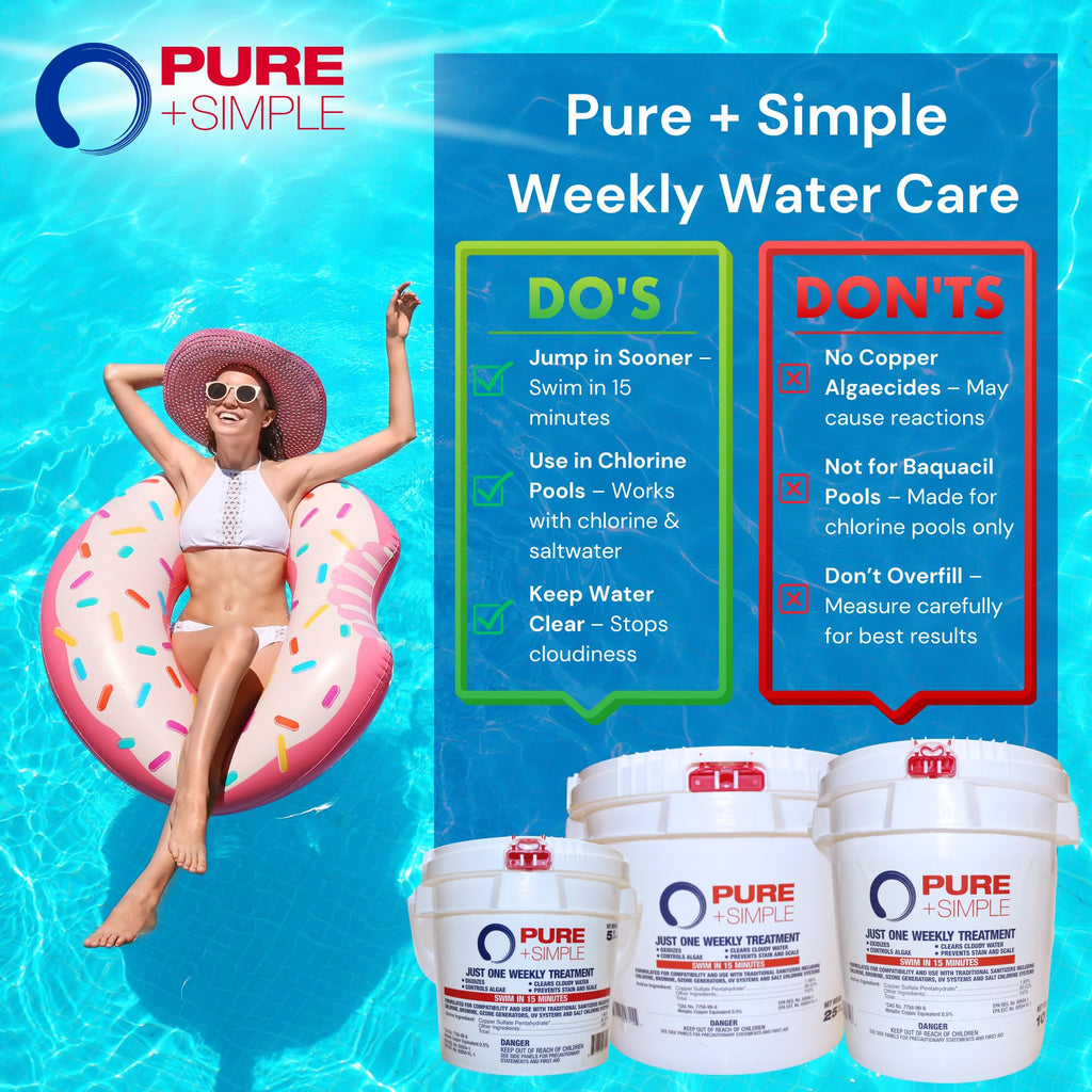 Pure + Simple | All-in-One Weekly Pool Treatment | Controls Algae & Clarifier for Swimming Pools with Copper-Based Formula | Ideal for Above Ground and Inground Use - 25 lbs