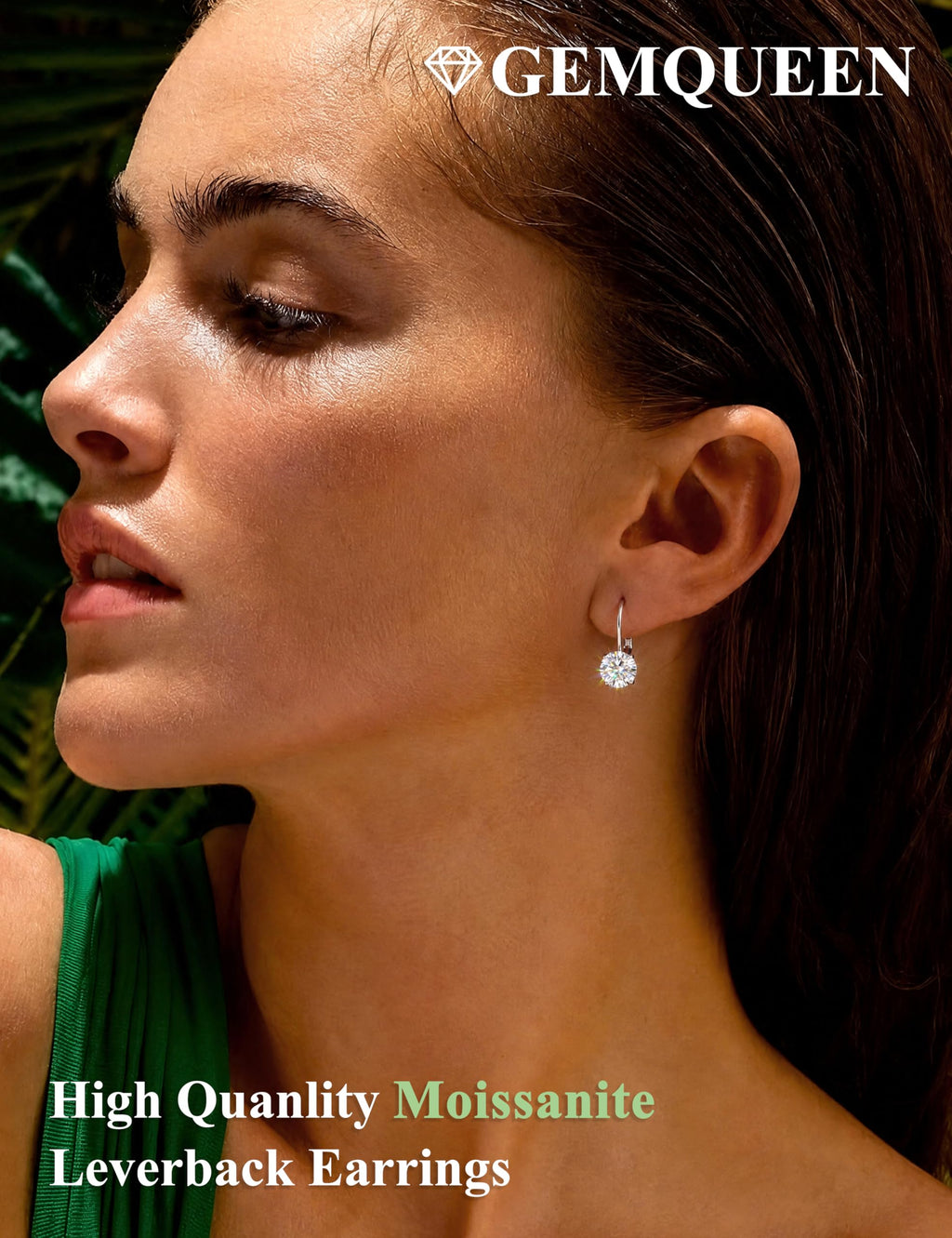 GEMQUEEN Moissanite Leverback Earrings 925 Sterling Silver 2CT