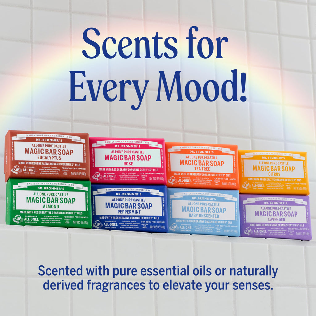 Dr. Bronner's Pure-Castile Magic Soap Bars (Lavender, 5 oz, 6-Pack)- Bath Soap with Regenerative Organic Certified Oils- For Face, Body & Hair - Gentle, Biodegradable, Vegan- Bar Soaps for Men & Women
