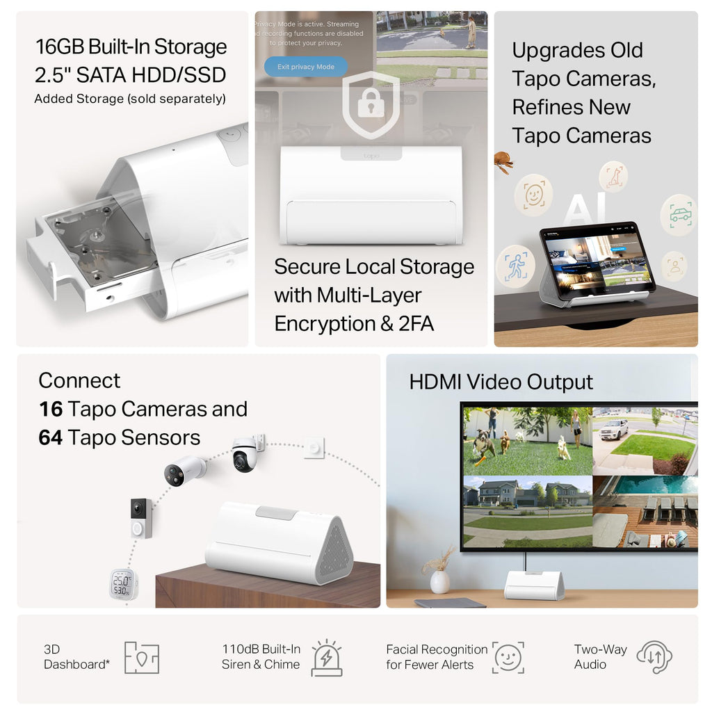 Tapo CentralHub for Smart Home Devices – Connect up to 16 Tapo Cameras & 64 Sub-G Sensors, 16GB Built-in Storage + 2.5'' SATA Expandable Storage Option, Improves Camera AI Accuracy - H500