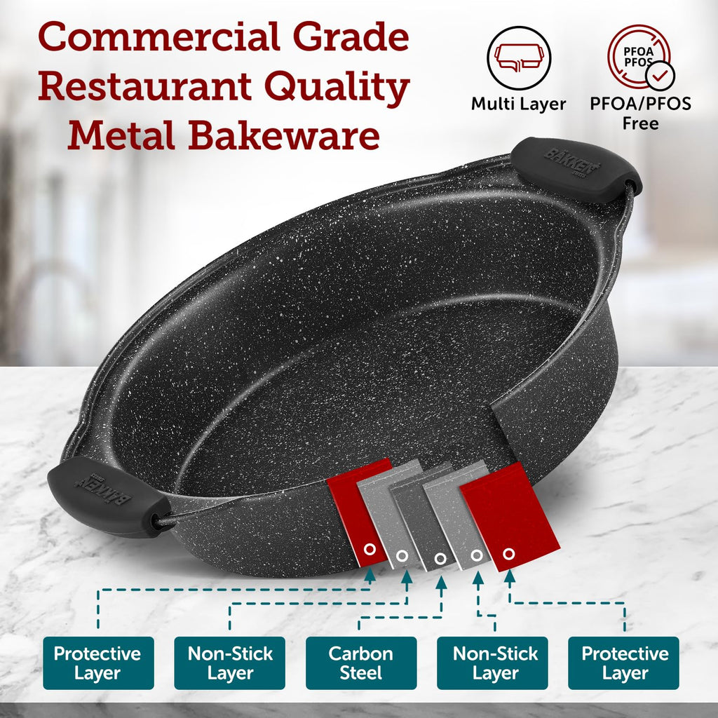 BAKKEN Cookie Sheets for Baking Nonstick Set - 3-Piece Stackable Carbon Steel Baking Sheet Pans Set with Silicone Handles, Non Toxic Cookie Sheets for Baking Bakeware Set - Gray Marble