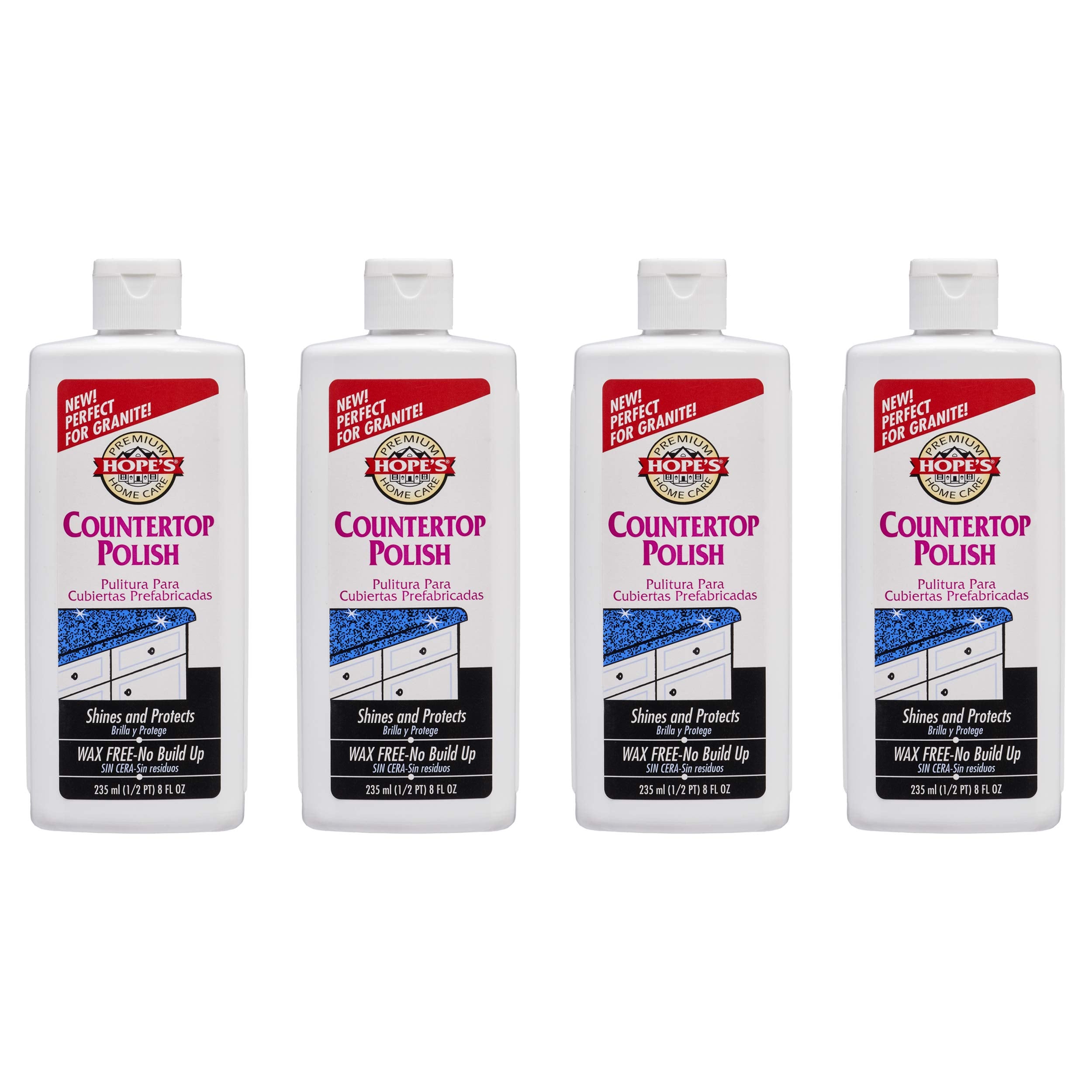 HOPE'S Countertop Restoration Polish, Streak-Free Kitchen Counter Cleaner, No Buildup on Countertops, Quartz, Marble, Corian, Composite, and Granite Polish, 8 Fl Oz, Pack of 4