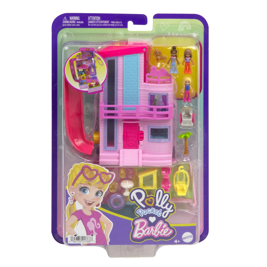 Polly Pocket Barbie Dreamhouse Compact, Dollhouse Playset with 3 Micro Dolls, 1 Puppy, 11 Accessories, Elevator & Pool