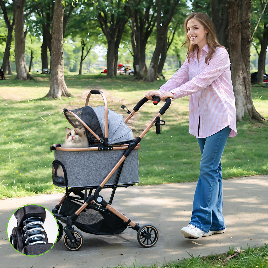 LENSEMUS Dog Stroller for Max 45 lbs Dogs - 3 in 1 Pet Stroller with Detachable Storage Basket 4 All-Terrain Rubber Wheels Pull Rod Durable Travel Carrier for Medium Dogs 2 Small Cats (Grey)