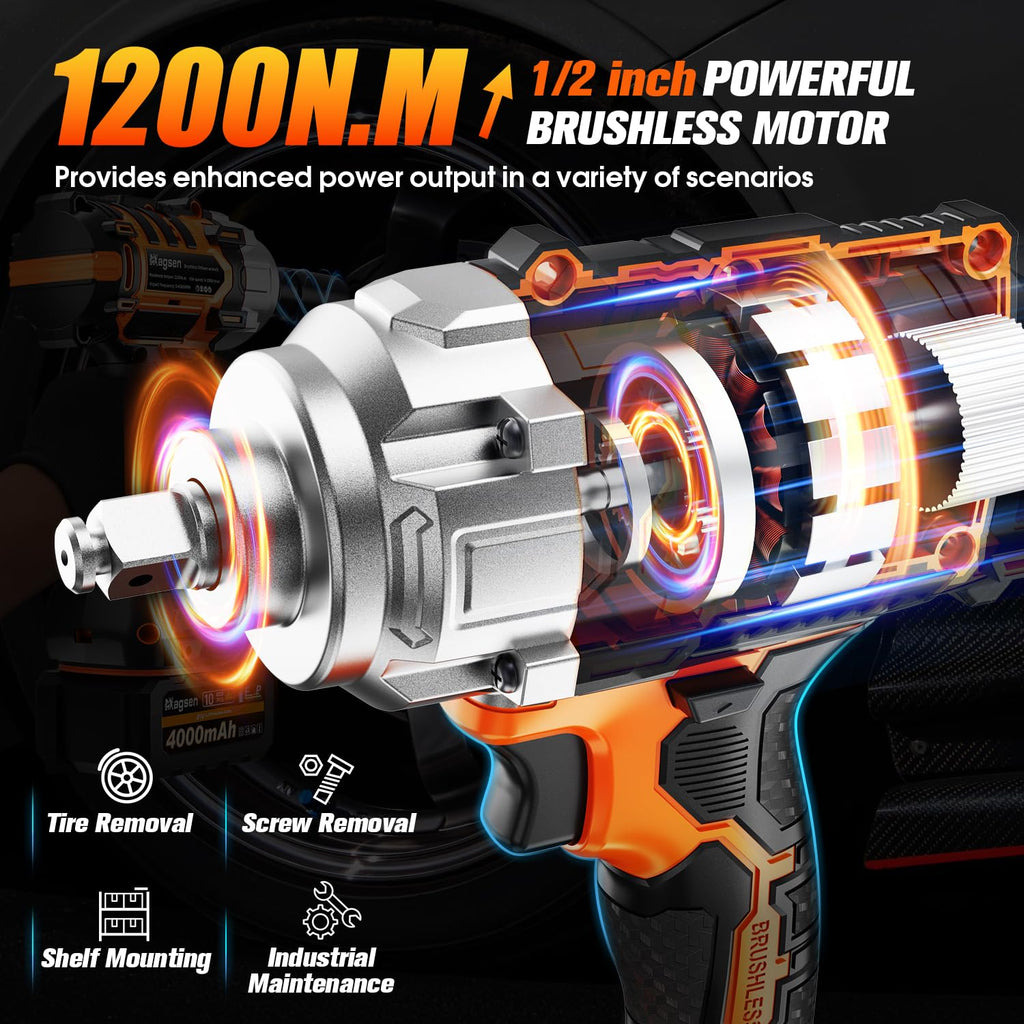 MAGSEN 1/2" Cordless Impact Wrench, 900Ft-lbs (1200N.m) Brushless High Torque Impact Gun,3800RPM,3 Variable Speeds,LED Light,2x4000mAh Battery, 5 Sockets,Electric Impact Gun for Car/Mower/Pickup