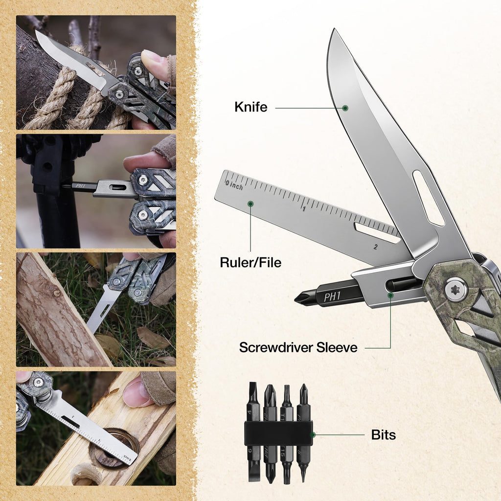 MOSSY OAK Multitool, 22-in-1 Stainless Steel Pliers with Screwdriver Sleeve, Camo Steel Handle, Self-locking Knife with Sheath-Perfect for Outdoor, Survival, Camping, Hiking, Simple Repair