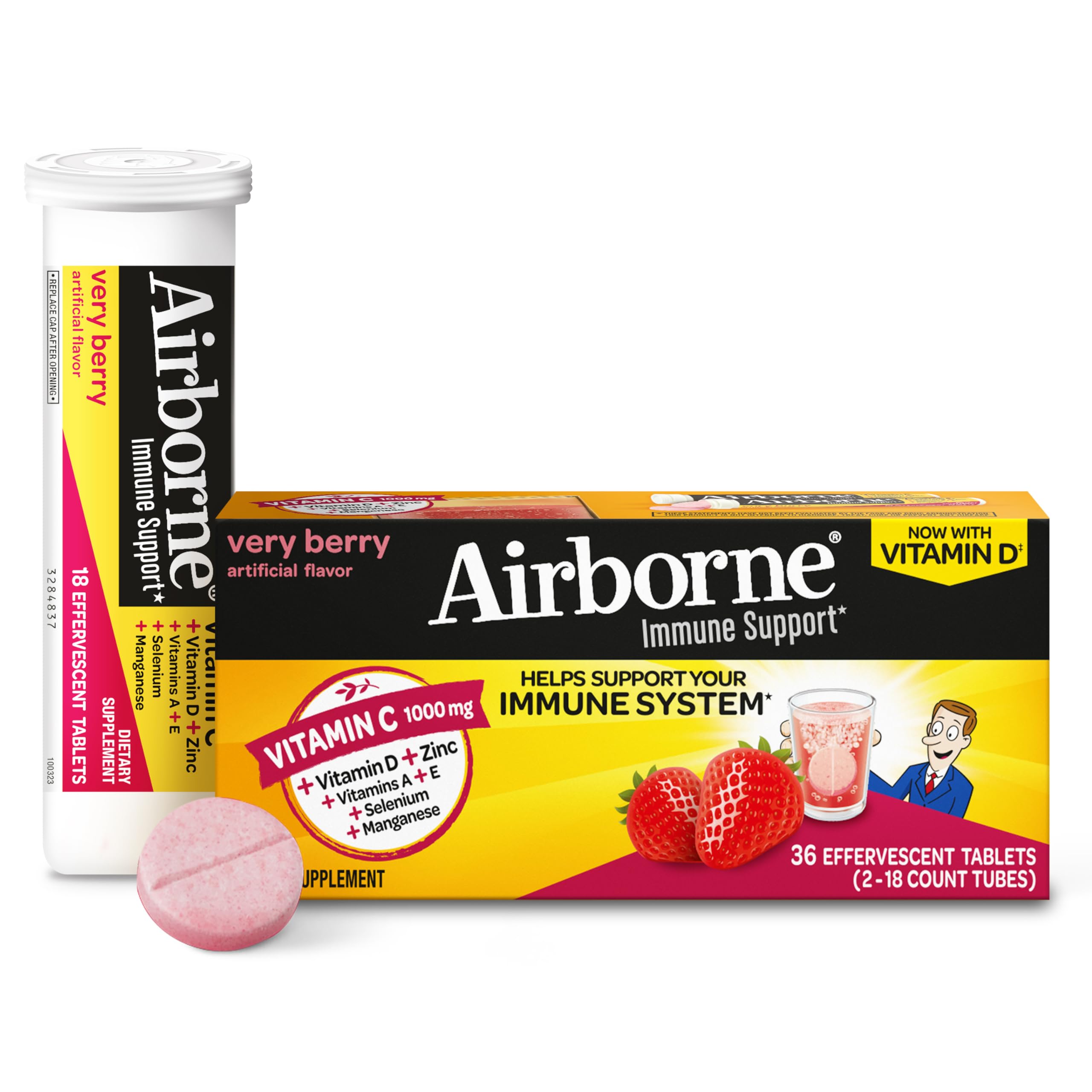 Vitamin C 1000mg (per serving) - Airborne Very Berry Effervescent Tablets (36 count in a box), Gluten-Free Immune Support Supplement, With Vitamins A C E, ZINC, Selenium, Echinacea & Ginger