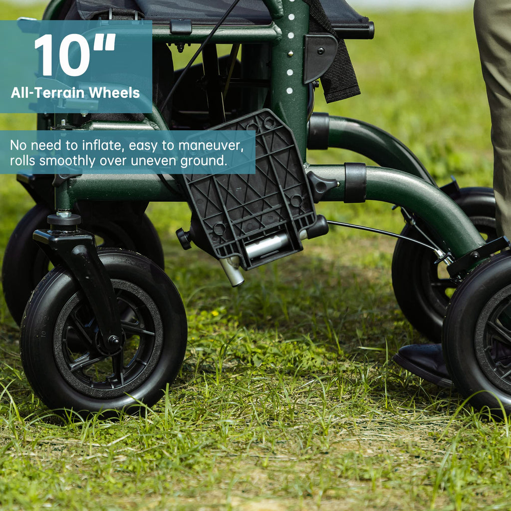 ELENKER All-Terrain 2 in 1 Rollator Walker & Transport Chair, Folding Wheelchair with All 10” Wheels for Seniors, Reversible Backrest & Detachable Footrests (Green)