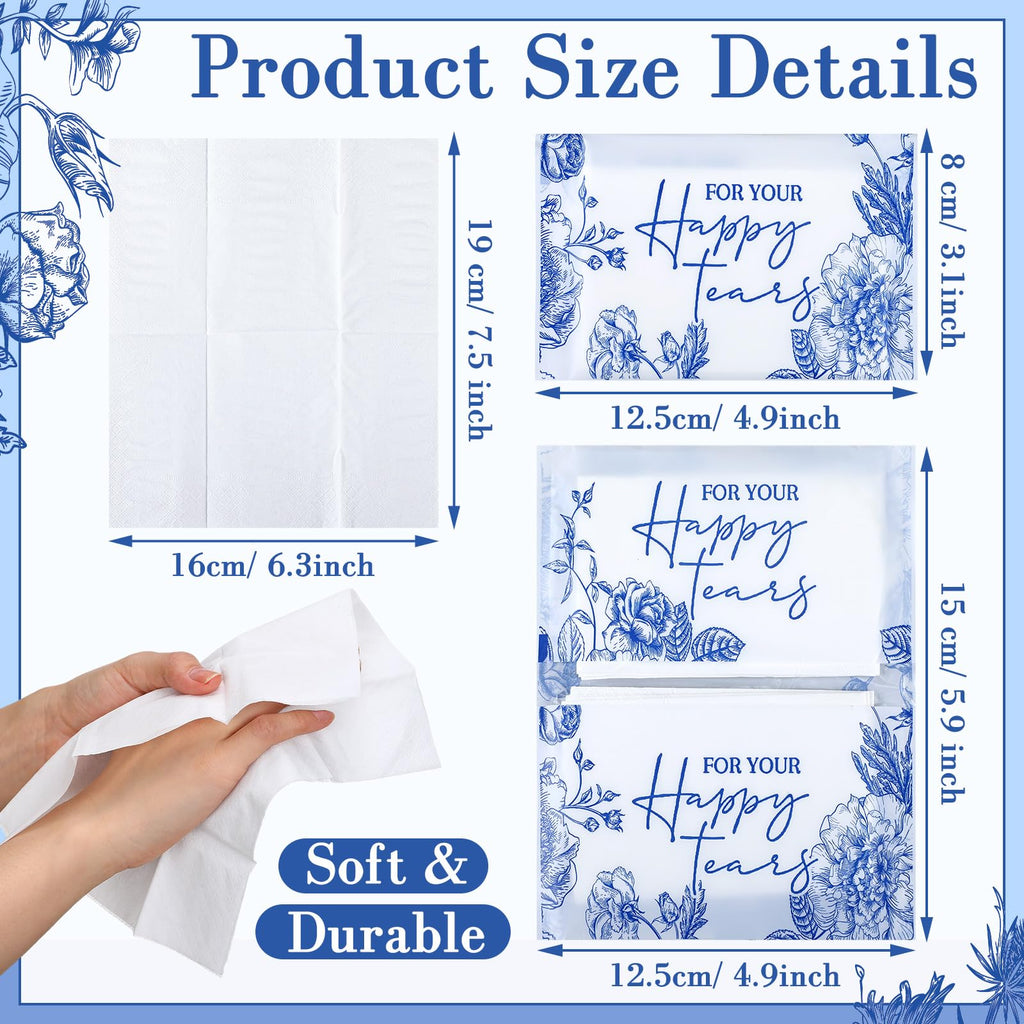 Yinder 60 Bulk Happy Tears Tissue Packs for Wedding 3 Ply Pocket Size Tissues Packs for Guests Facial Individual Wedding Favors Party Supplies Travel Graduation Celebration(Blue Flower)