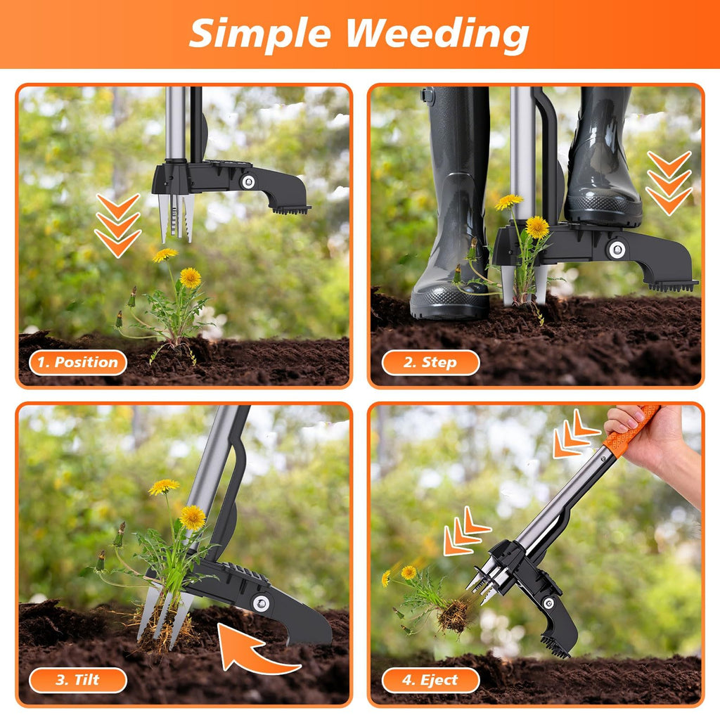 Aishkimo Stand Up Weed Puller Tool - 4-Claw Steel Head Hand Weeding Tool - 40" Retractable Handle with Easy-Eject Mechanism for Dandelions, Clover, No Bending or Kneeling
