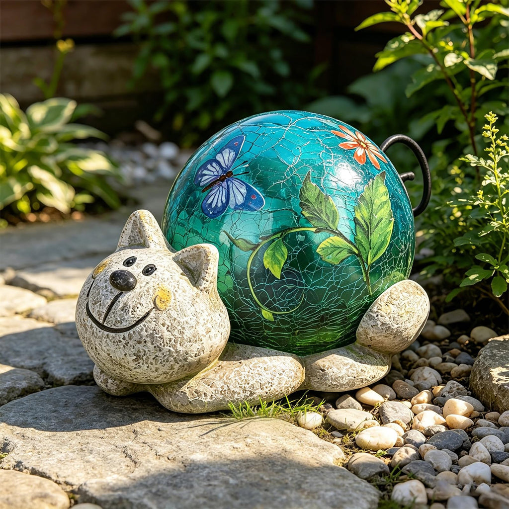 Solar Garden Outdoor Statue, Resin Cat Statues with Crackled Glass Globe