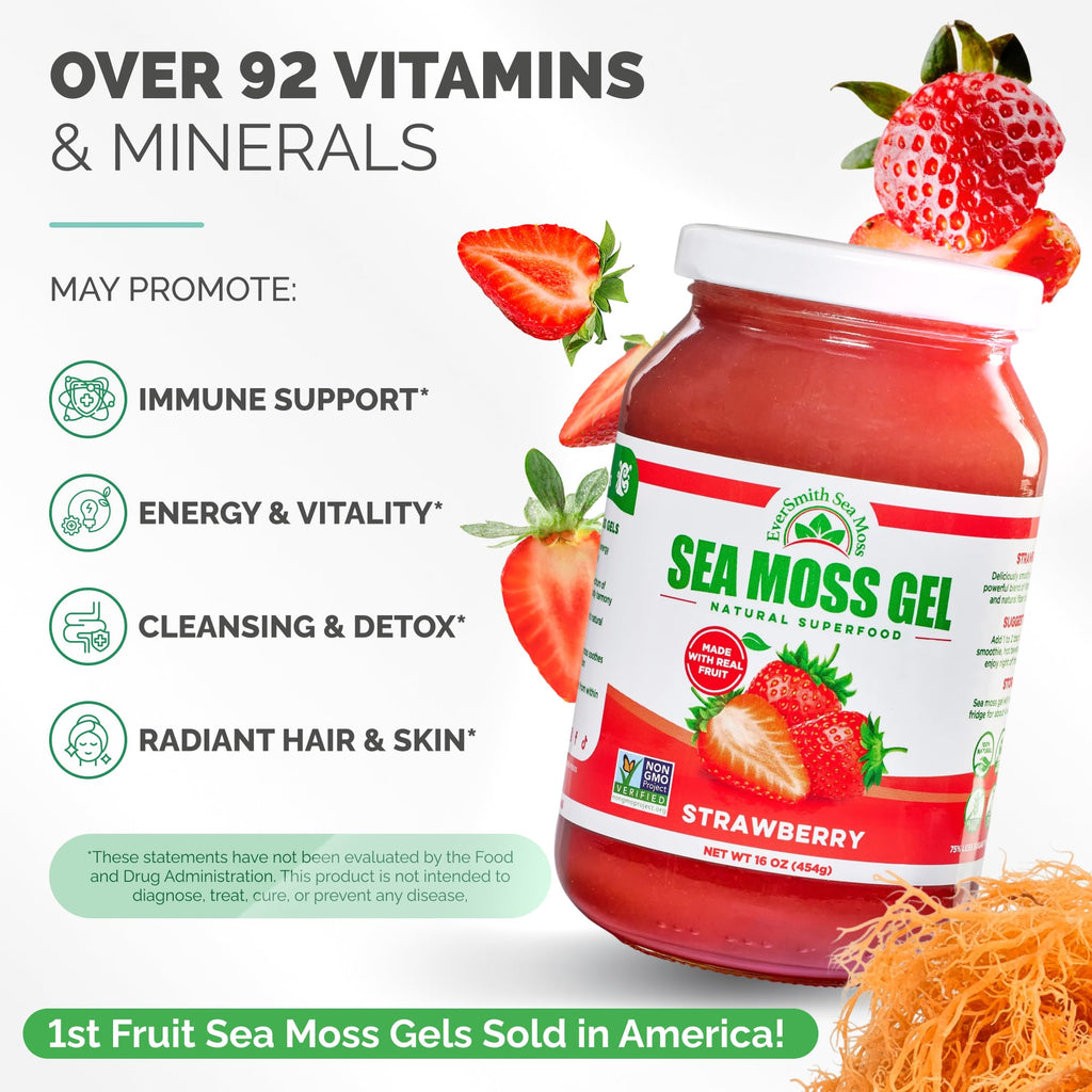 EverSmith Organics - Wildcrafted Irish Sea Moss Gel | Made in USA | Rich in Vitamins & Minerals | Sea Moss Gel Raw | Nutritional Supplement | Strawberry (16 oz)