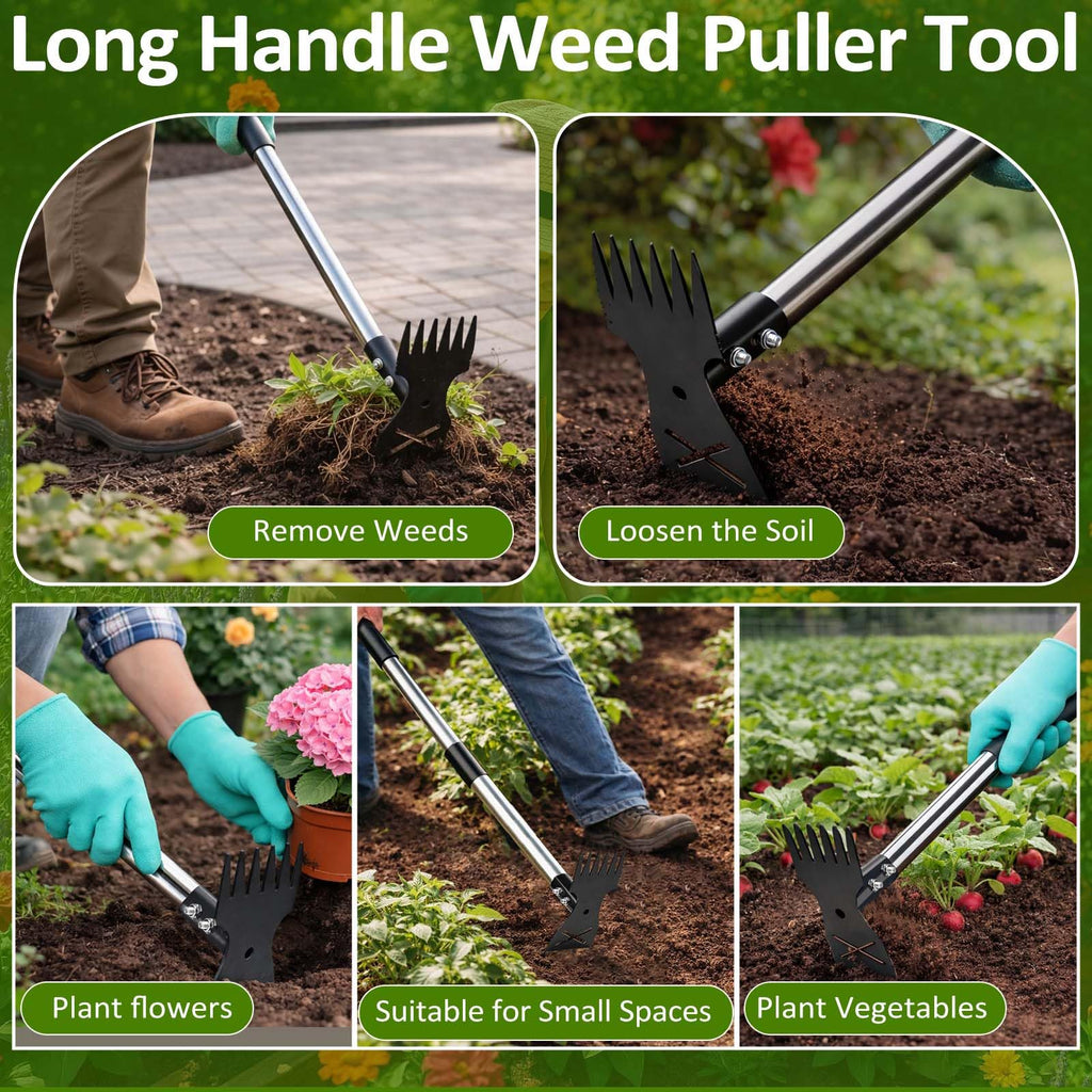 Weed Puller Tool with Long Handle-Vertical Adjustable Weeder, 2-in-1 Garden Hoe and Weeding Rake Combination, Weeding Tool for Garden, Lawn, Farm and Courtyard