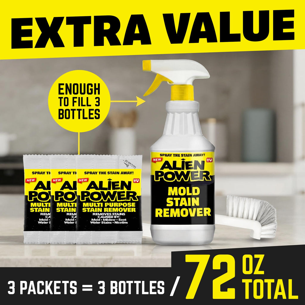 Alien Power Instant Stain Remover Spray for Mold and Mildew and Grout, All Purpose No-Scrub Cleaner for Bathroom & Household Surfaces, Tiles, Wall & Washing Machines - 3 Packets (Makes 72 Fl Oz)