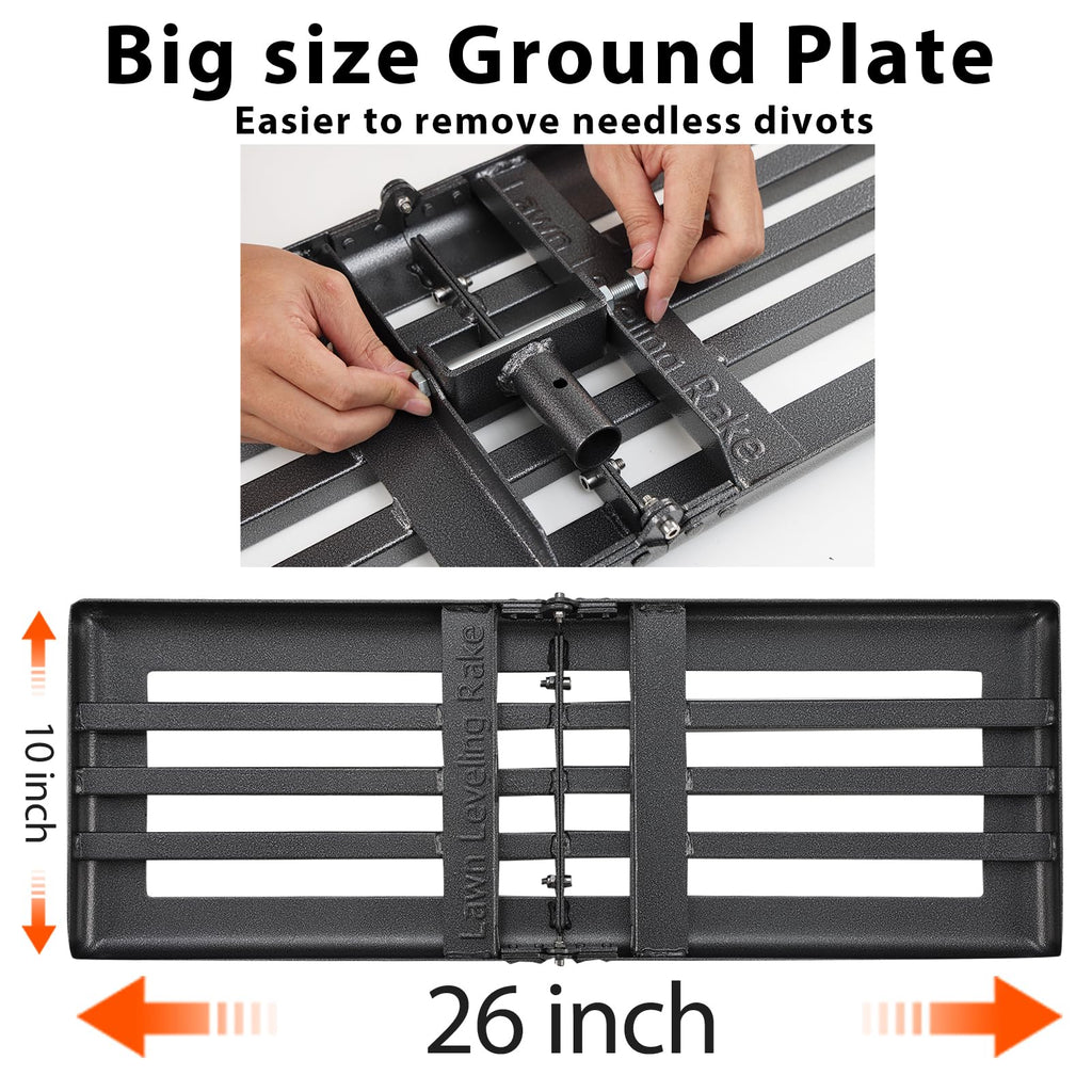 Lawn Leveling Rake Heavy Duty, 30"x10" Large Ground Plate Leveler Tool, Anti Flipping Smooth Edge Pull Behind Garden Landscape Rake for Soil Sand Dirt Yard Top Dressing, Long Handle 65 Inch
