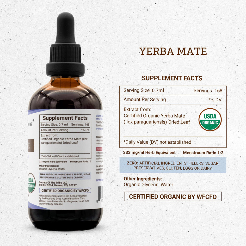 Secrets of the Tribe Yerba Mate USDA Organic Tincture | Alcohol-Free Extract, High-Potency Herbal Drops | Made from 100% Certified Organic Yerba Mate (Ilex paraguariensis) Dried Leaf (4 fl oz)