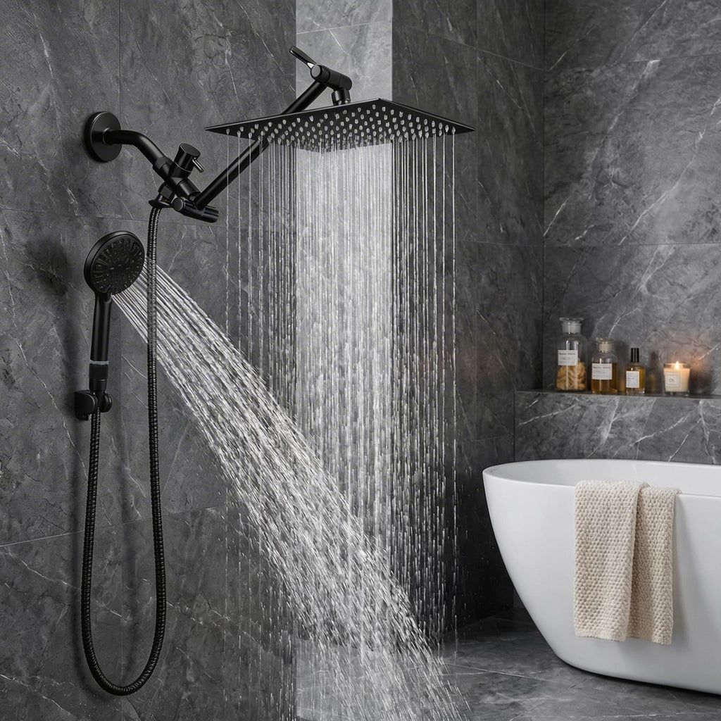 Tudoccy Shower Head, 8‘’ High Pressure Rainfall Shower Head/Handheld Shower Combo with 11'' Extension Arm, 9 Settings Anti-leak Shower Head with Holder, Height/Angle Adjustable, Matte Black