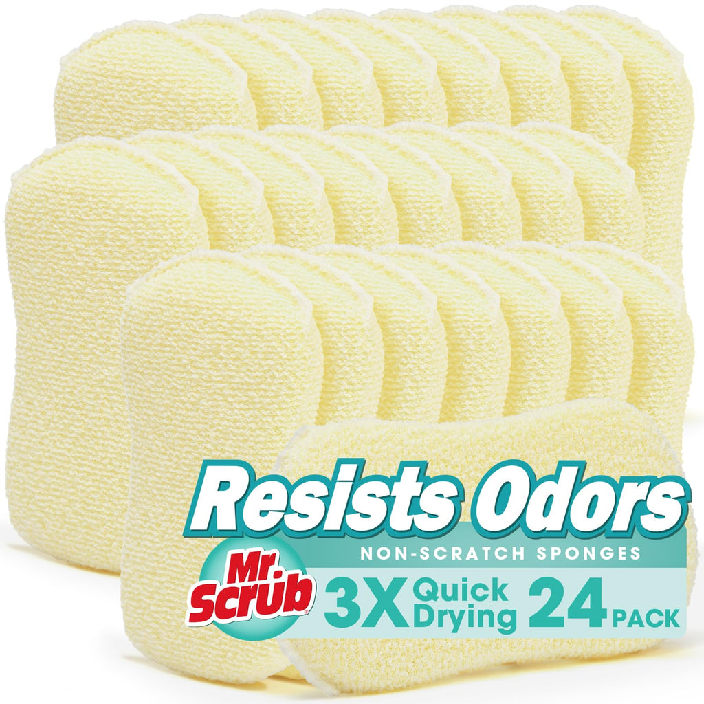 Mr. Scrub Sponges Kitchen Scrub Dish Sponge Scouring Pad, 24 Pack Cleaning Brush Scrubber Supplies for Soap, Dishwashing Dinnerware Sets Pan Pot Glass Dishwasher Sink Bathroom Towels Cloth Rags Holder