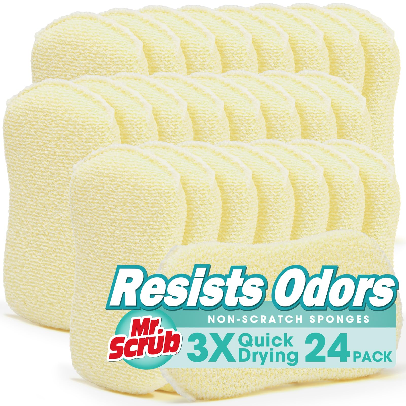 Mr. Scrub Sponges Kitchen Scrub Dish Sponge Scouring Pad, 24 Pack Cleaning Brush Scrubber Supplies for Soap, Dishwashing Dinnerware Sets Pan Pot Glass Dishwasher Sink Bathroom Towels Cloth Rags Holder