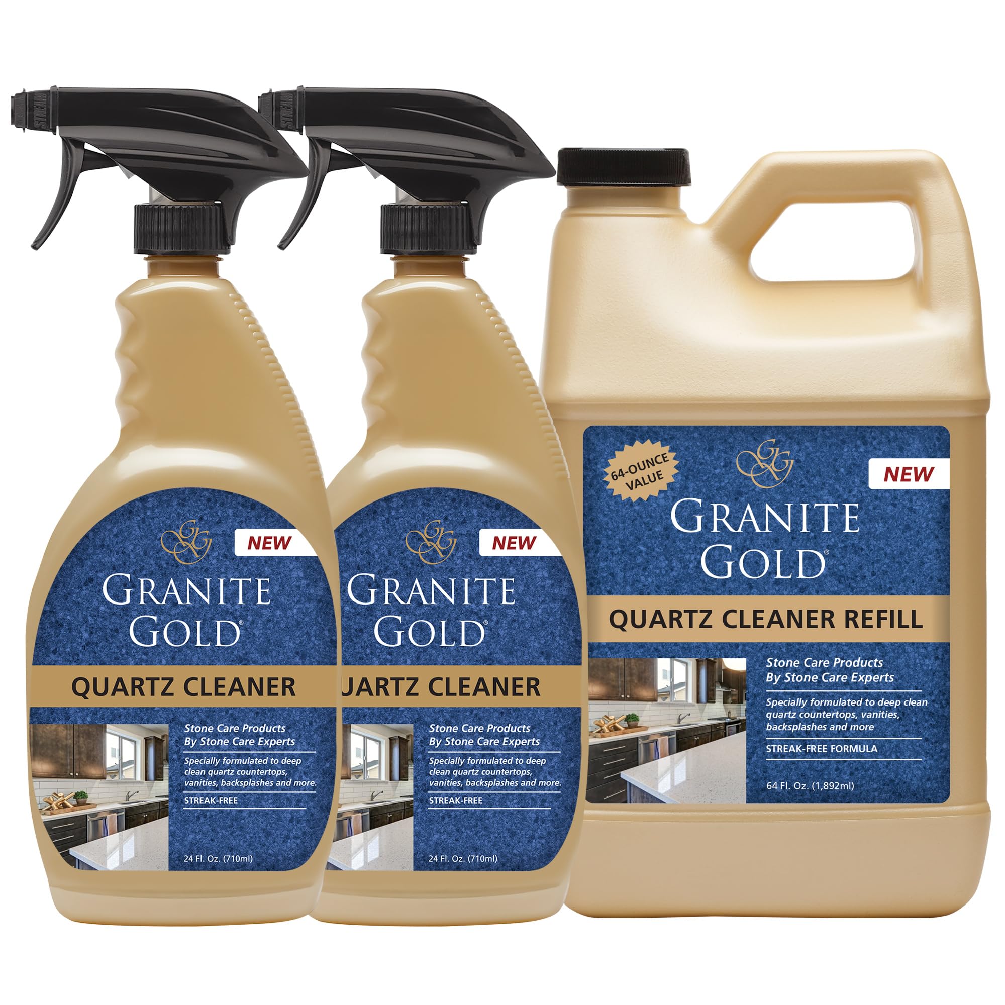 Granite Gold Quartz Cleaner Spray for Caesarstone, Cambria, Silestone and All Other Quartz Countertop Surfaces, 64 Fluid Ounces and 2 x 24 Fluid Ounces