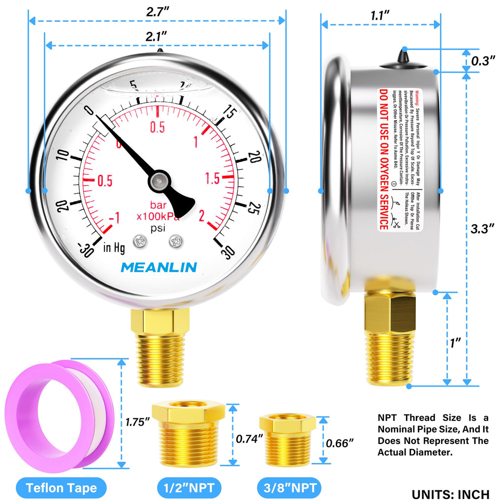 MEANLIN MEASURE -30inHG~30Psi Stainless Steel 1/4" NPT 2.5" FACE DIAL Vacuum Pressure Gauge, Lower Mount, with 1/2" NPT and 3/8" NPT Hex Bushing