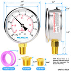 MEANLIN MEASURE -30inHG~30Psi Stainless Steel 1/4" NPT 2.5" FACE DIAL Vacuum Pressure Gauge, Lower Mount, with 1/2" NPT and 3/8" NPT Hex Bushing