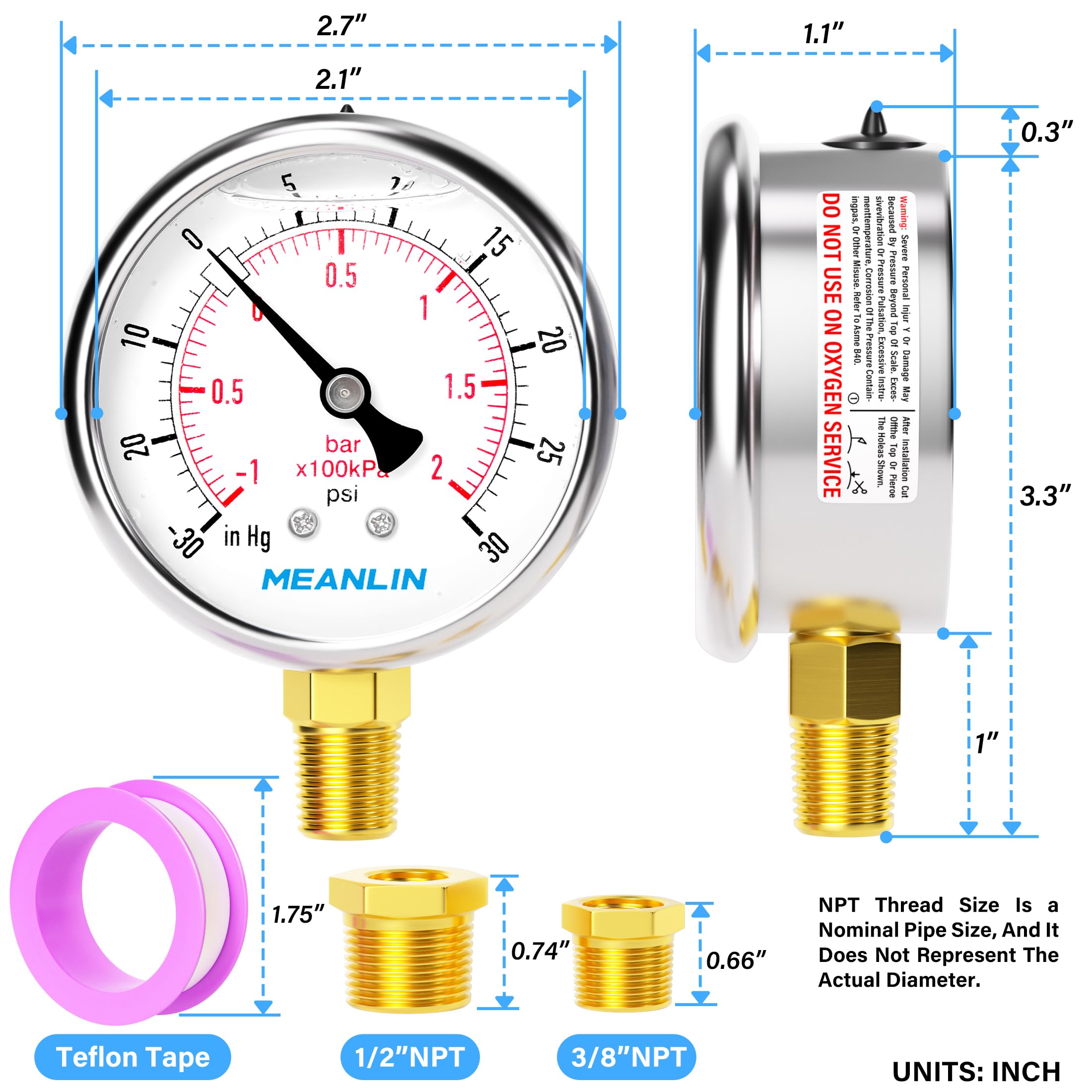 MEANLIN MEASURE -30inHG~30Psi Stainless Steel 1/4" NPT 2.5" FACE DIAL Vacuum Pressure Gauge, Lower Mount, with 1/2" NPT and 3/8" NPT Hex Bushing
