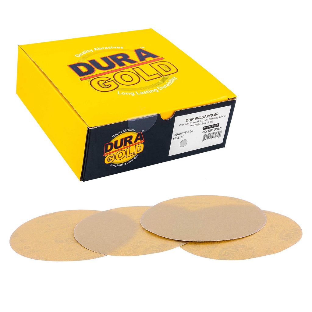 Dura-Gold Premium 240 Grit 6" Gold Sandpaper Discs, No Hole Pattern Dustless, Box of 50, Hook & Loop Backing for DA Sander, Finishing Coarse Sanding Abrasive Automotive Paint, Woodworking Wood, Metal