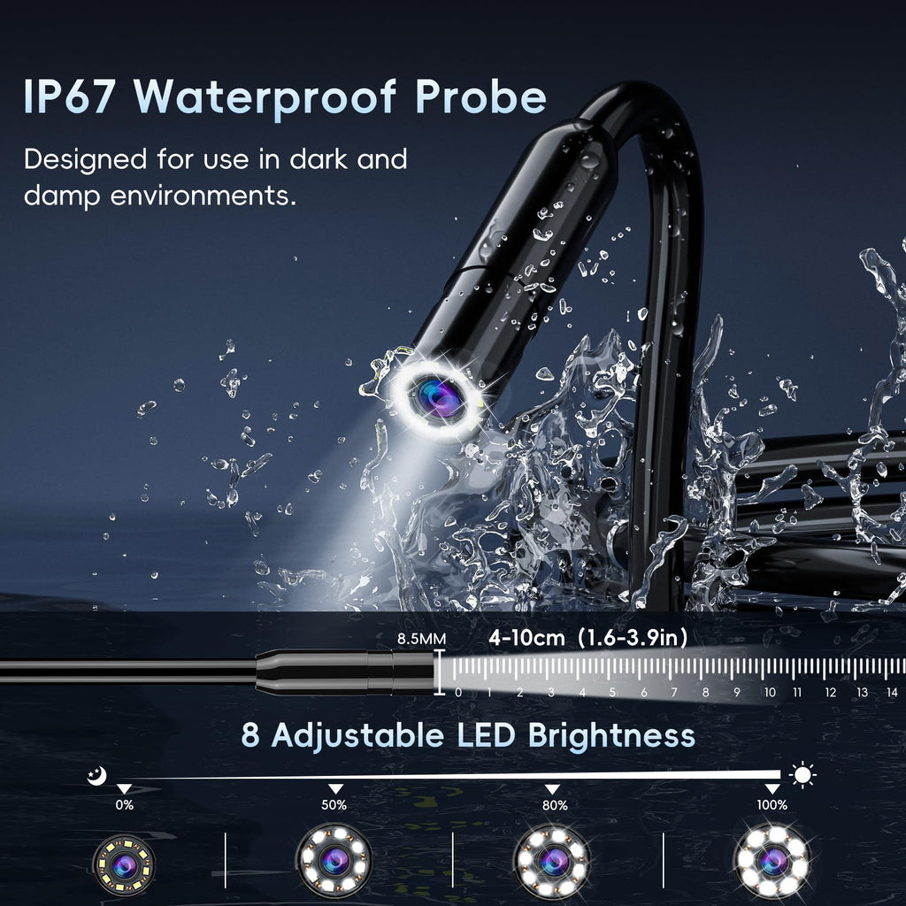 50FT Endoscope Camera with Light, 1080P HD Borescope Inspection Camera with 8 LED Lights, IP67 Waterproof Sewer Tools Snake Camera with 4.3" IPS Screen, 50Feet Semi-Rigid Cable for Father's Day