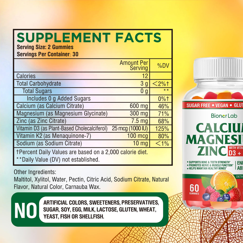BionerLab Calcium Magnesium Zinc Gummies with Vitamin D3 & K2 - High Potency Enhanced Absorption - Orange and Berry Flavored