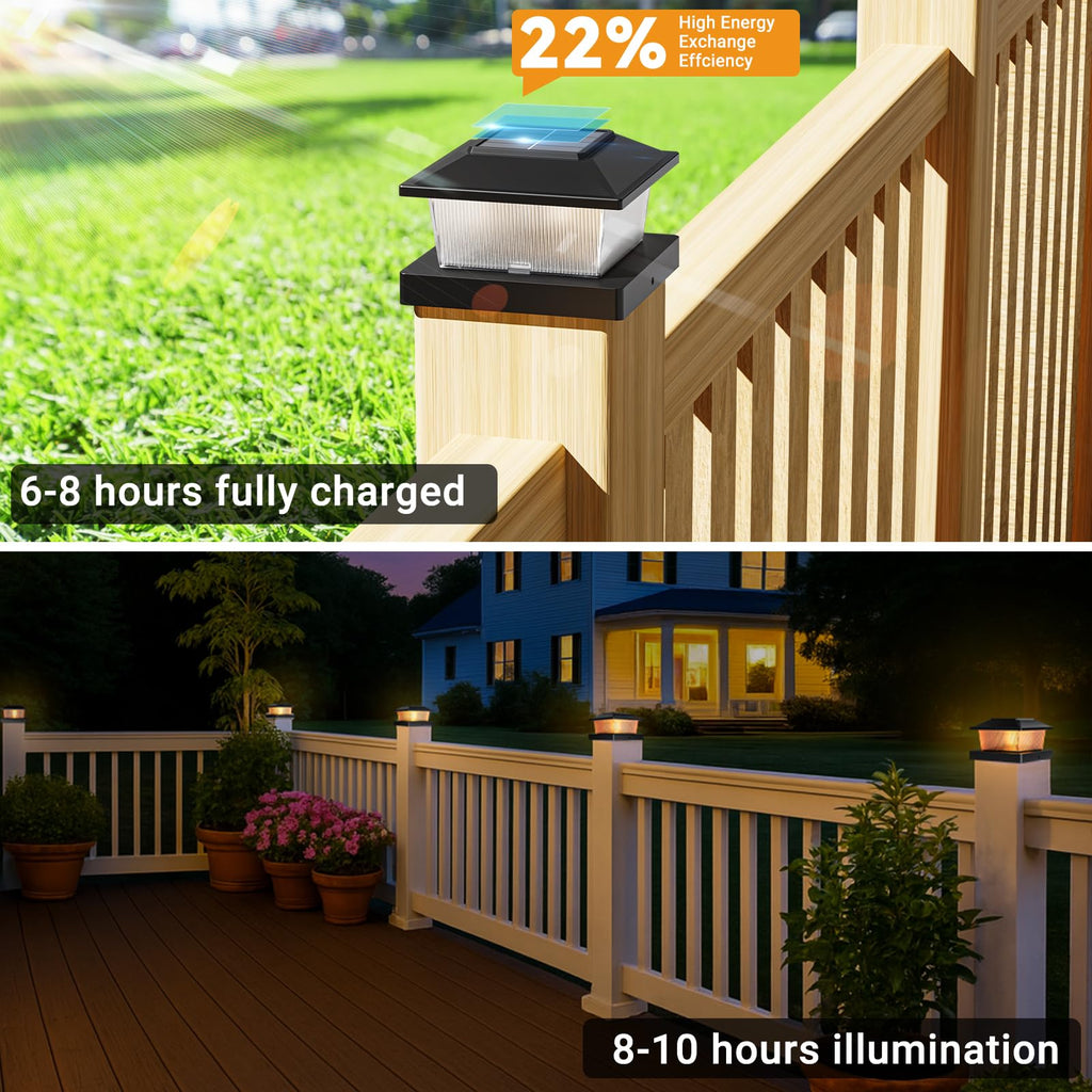 btfarm 4x4 Solar Flame Post Cap Lights Outdoor, 2 Pack Flickering Flame Deck Fence Post Lights, Waterproof Solar Powered Lighting Outside Fit 4x4 3.5x3.5 Wooden/Vinyl for Porch Patio Garden, Black Cap