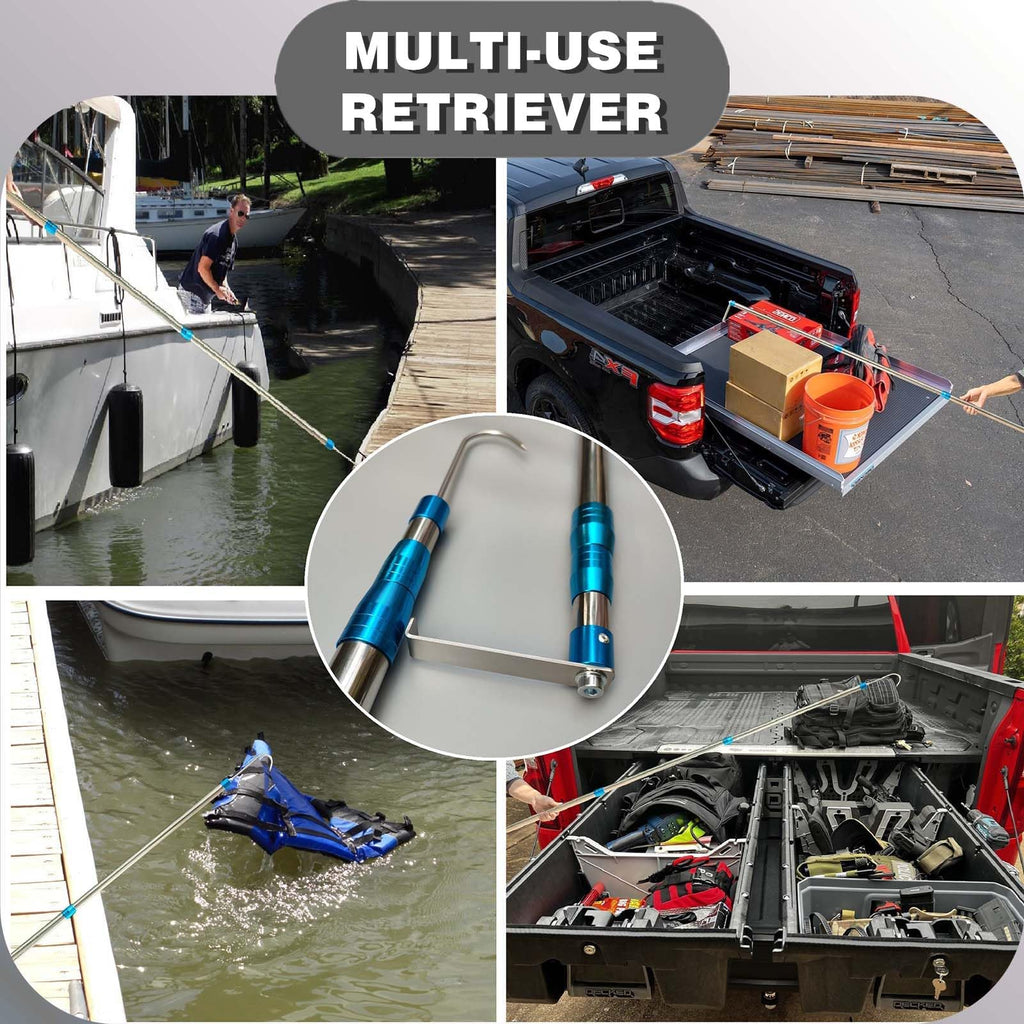 Bytcew Cargo Grabber Reach Retriever Tool, 6.3 Ft Heavy Duty Truck Bed Accessories Telescoping Pull Pole with Hooks, Used for Pickup Truck, SUV, Trailers, RVs (Stainless Steel)