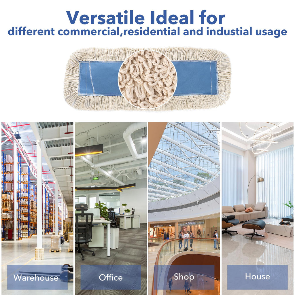 Matthew Cleaning 36'' Industrial Strength Cotton Dust Mop Refill Washable Replacement Heads for Residential & Commercial Use Fit Standard Dust Mop Frames, Hardwood, Concrete Floors Blue&White 6 Pack