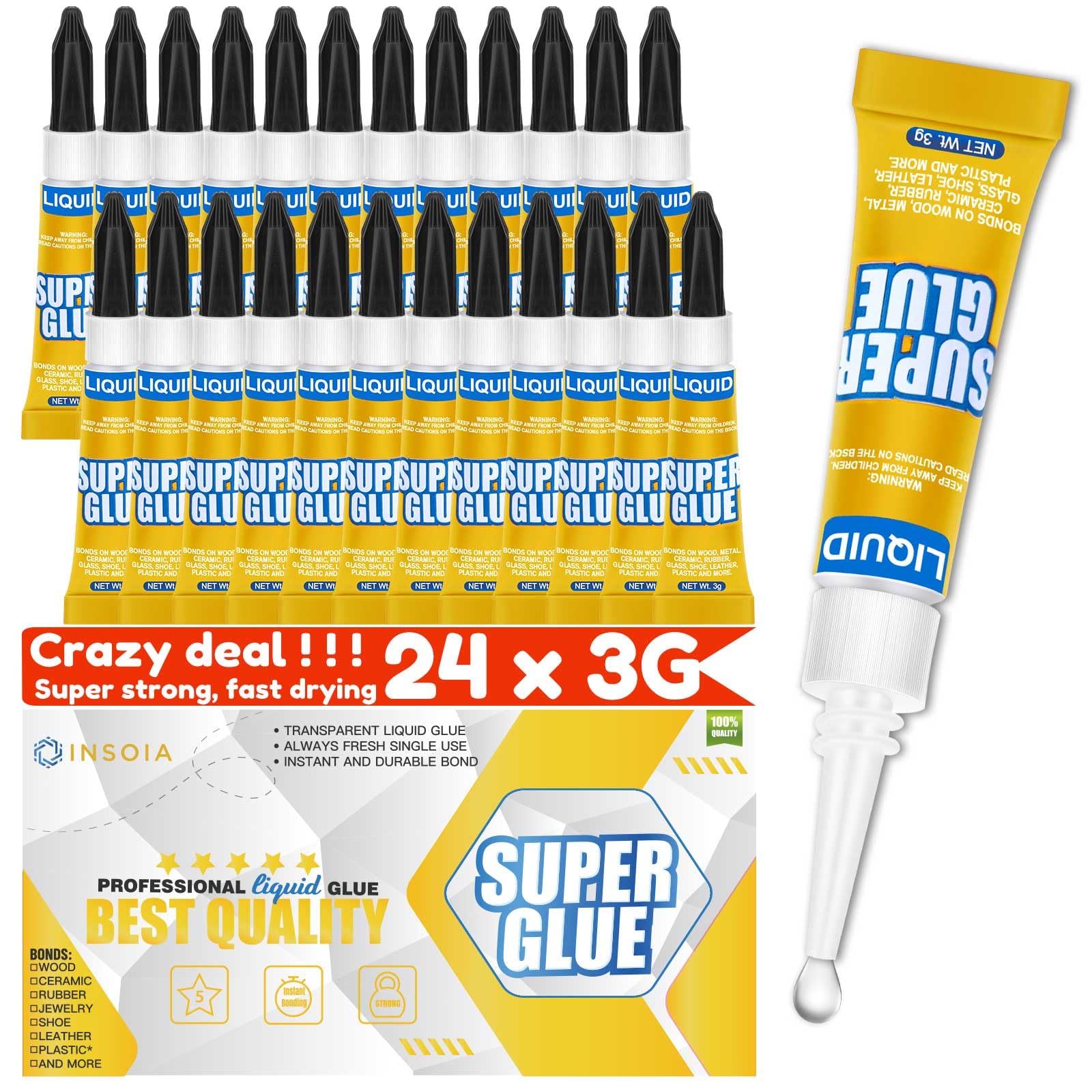 INSOIA Super Glue Liquid Clear, 24 x 3g, All Purpose Single-Use