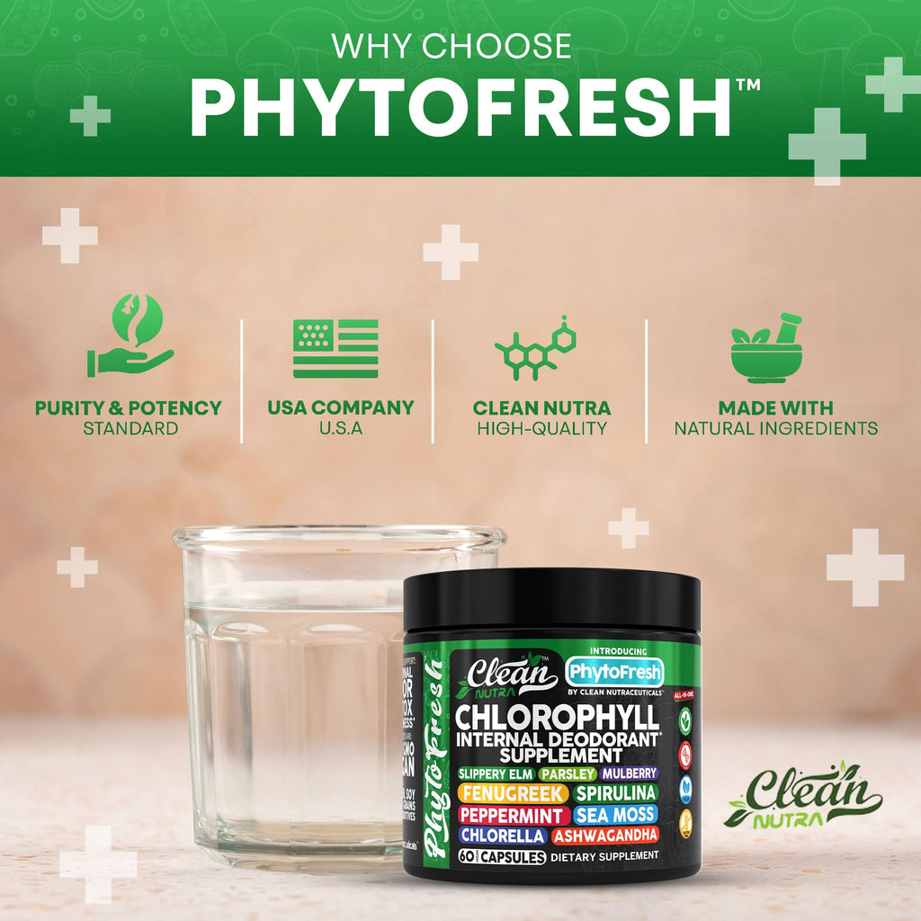 Clean Nutra Chlorophyll Capsules Supplement Internal Deodorant Peppermint, Sea Moss, Parsley, Chlorella, Spirulina, Slippery Elm, Ashwagandha, PhytoFresh Greens Detox Pills