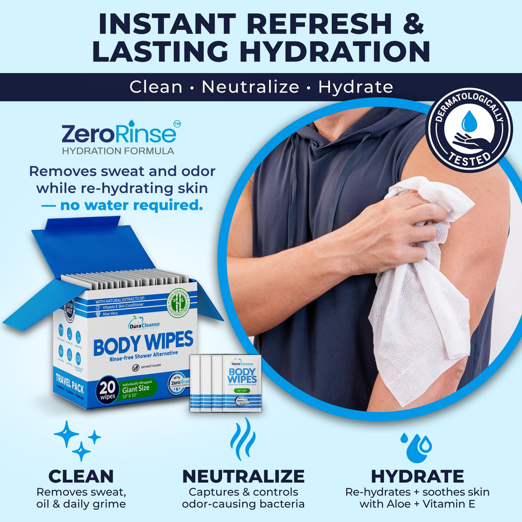 Body Wipes for Adults Bathing No Rinse - 20 Count Travel Shower Wipes - 10 x 11.5" Individually Wrapped Thick Cleansing Waterless Wash Scrubs - Disposable Washcloths for Camping & Elderly Incontinence