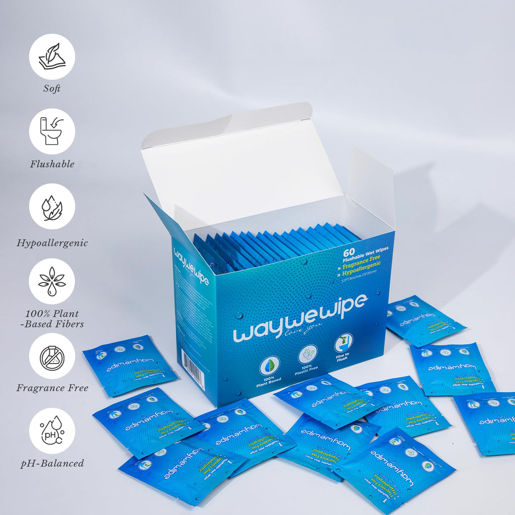 Waywewipe On-The-Go Flushable Wet Wipes, 60 Count XL Individually Wrapped Adult Wipes, Hypoallergenic 100% Plant Based Septic Safe, Travel Size Cleansing Cloth for Men & Women, Fragrance Free (60 Ct)