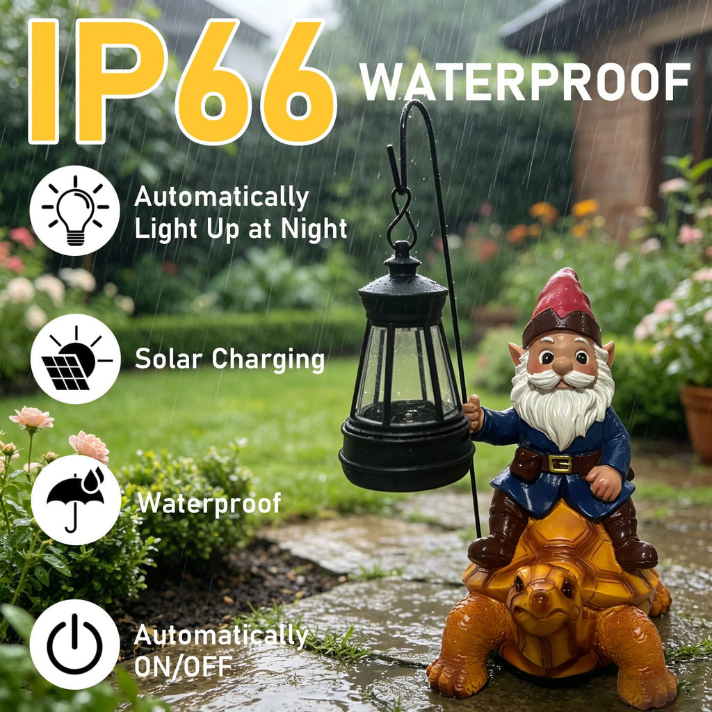 Wlcbomuoe Garden Gnome Decoration, Funny Resin Solar Gnome Statue for Lawn Patio Yard Outdoor Decor, Turtle Riding Gnome Figurine with Lantern, Gift for Women and Men (Gnome-F)