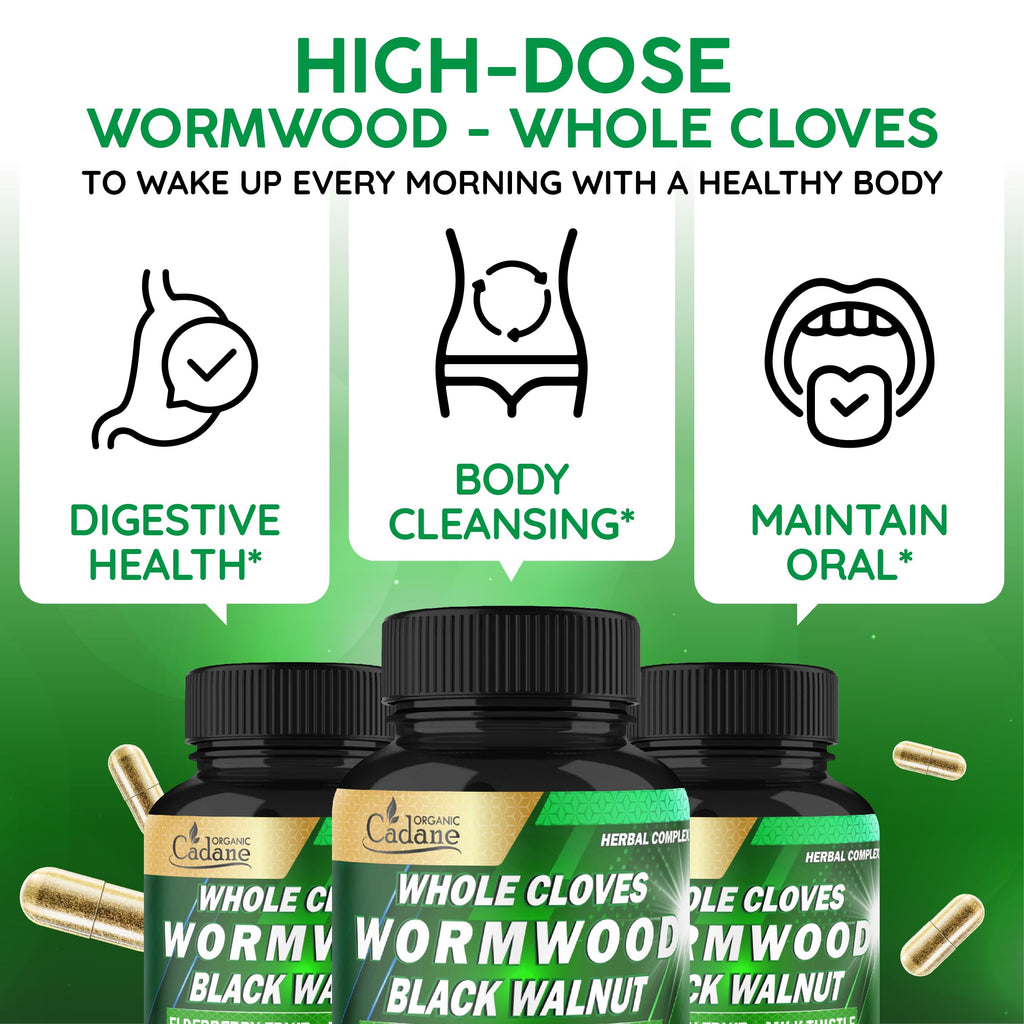 Organic Cadane Wormwood Whole Cloves Black Walnut | Digestive & Herbal Support | Elderberry, Milk Thistle & More | Non-GMO, Vegan – 90 Capsules – 45-Day Supply
