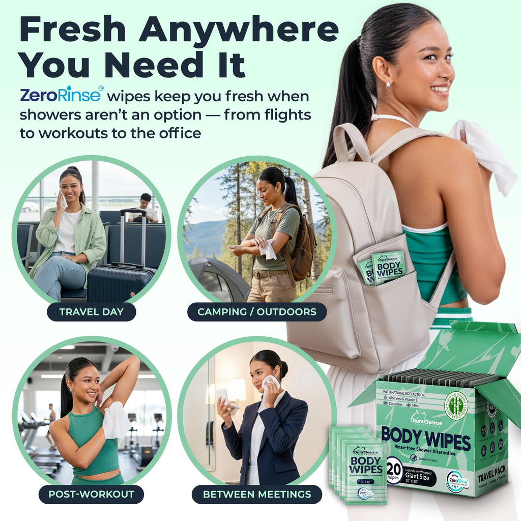 Travel Body Wipes for Women - 20 XL Shower Wipes for Adults Bathing No Rinse - Individually Wrapped 10”x10” Disposable Washcloths - Feminine Hygiene Essentials, Gym, Backpacking, Camping Must Haves