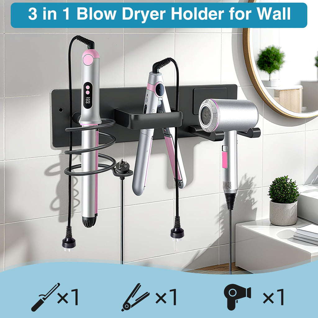 Dovyn Blow Dryer Holder Wall Mount, 3 in 1 Bathroom Hair Tool Organizer with Curling Iron Holder & Flat Iron Holder, Universal Hair Dryer Holder Rack Storage Matte Black