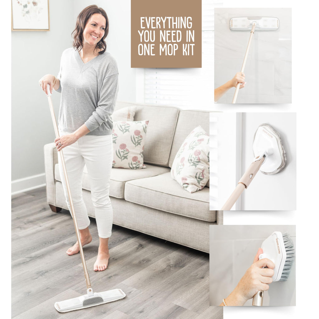 Quick Shine Ultimate Gold Clean + Polish Mop Kit | All-in-One 9 Pc Kit w/Interchangeable Attachments | No Batteries Needed | Pro Cleaning System for All Floor Types | 2-in-1 Mop