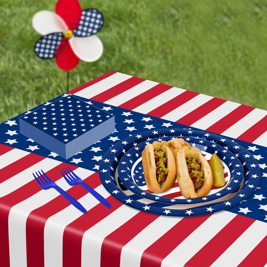 QZYL 122 PCS 4th of July Decorations, 30 Sets 250th Anniversary Patriotic Plates and Napkins, Disposable Fourth of July Paper Plate and Napkin Tablecloth Forks, USA Flags Memorial Day Party Supplies
