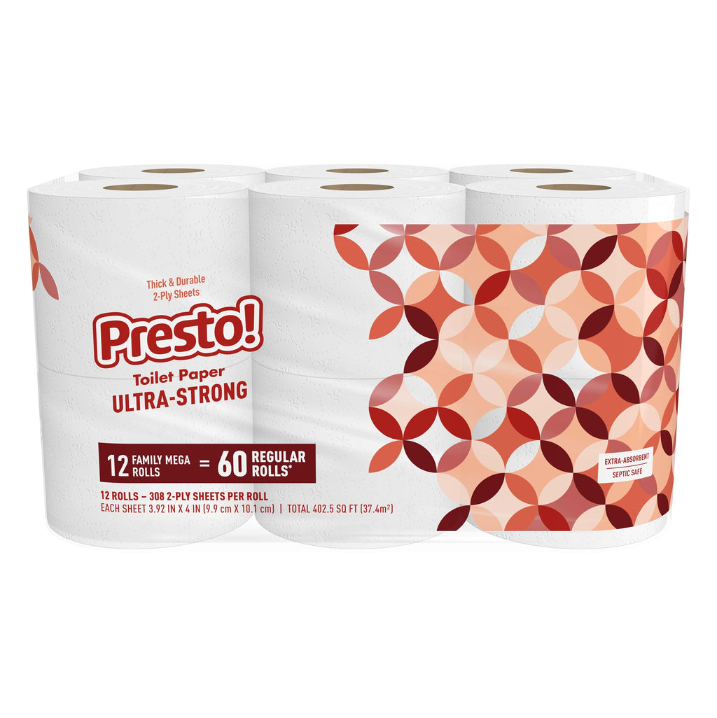 Amazon Brand - Presto! Ultra-Strong 2-Ply Toilet Paper, 12 Mega Rolls = 60 Regular Rolls, 308 Sheets Per Roll, Unscented
