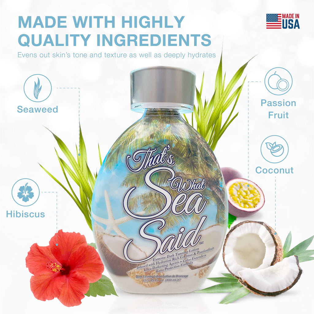 That’s What Sea Said Tanning Bed Lotion Accelerator for Indoor & Outdoors, Fast Dark Tan Enhancer with Coconut Oil & Aloe, Moisturizing Indoor Tanning Lotion for Face & Body, Tattoo-Safe, No Bronzer