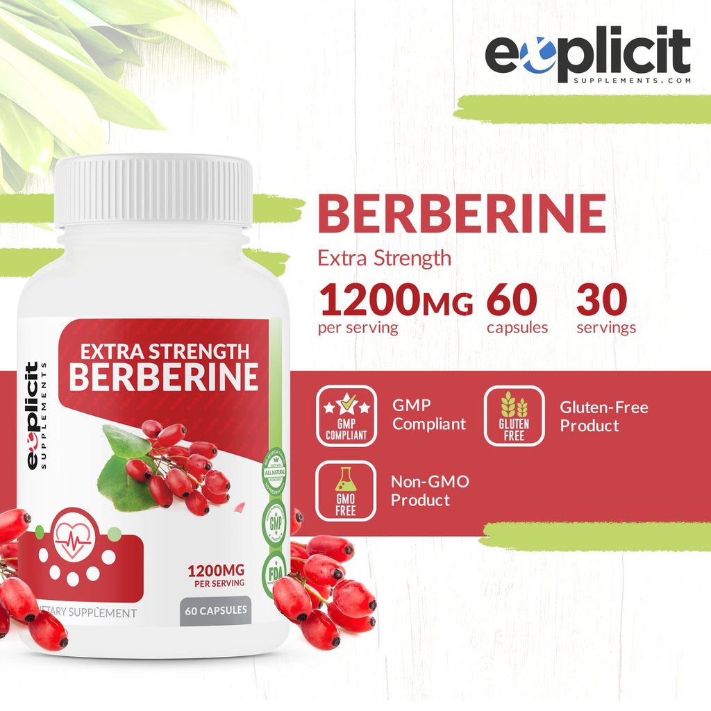 eXplicit Supplements Natural Berberine HCl - 1200mg Max Strength – 60 Capsules - 1 Month Supply