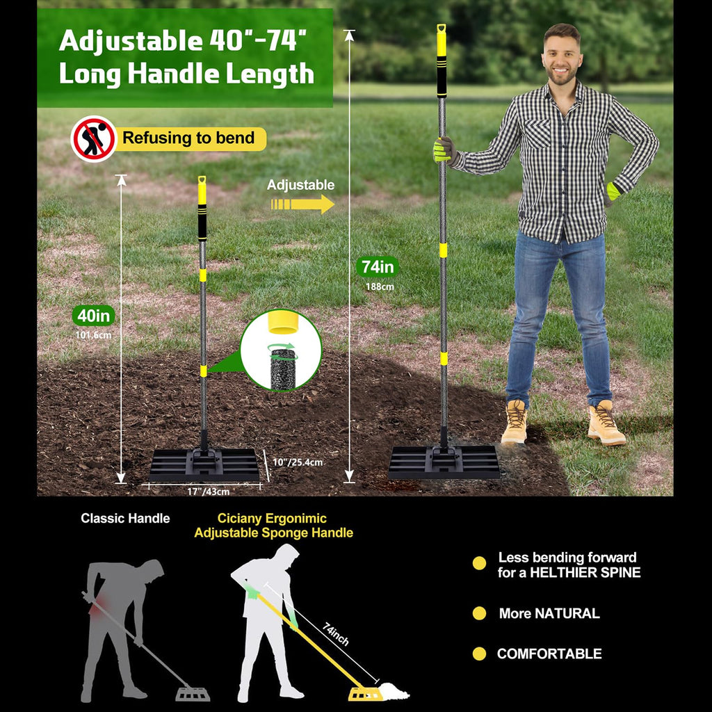 Lawn Leveling Rake 17x10 Inch , Heavy-Duty Yard Leveling Rake 6.2FT
