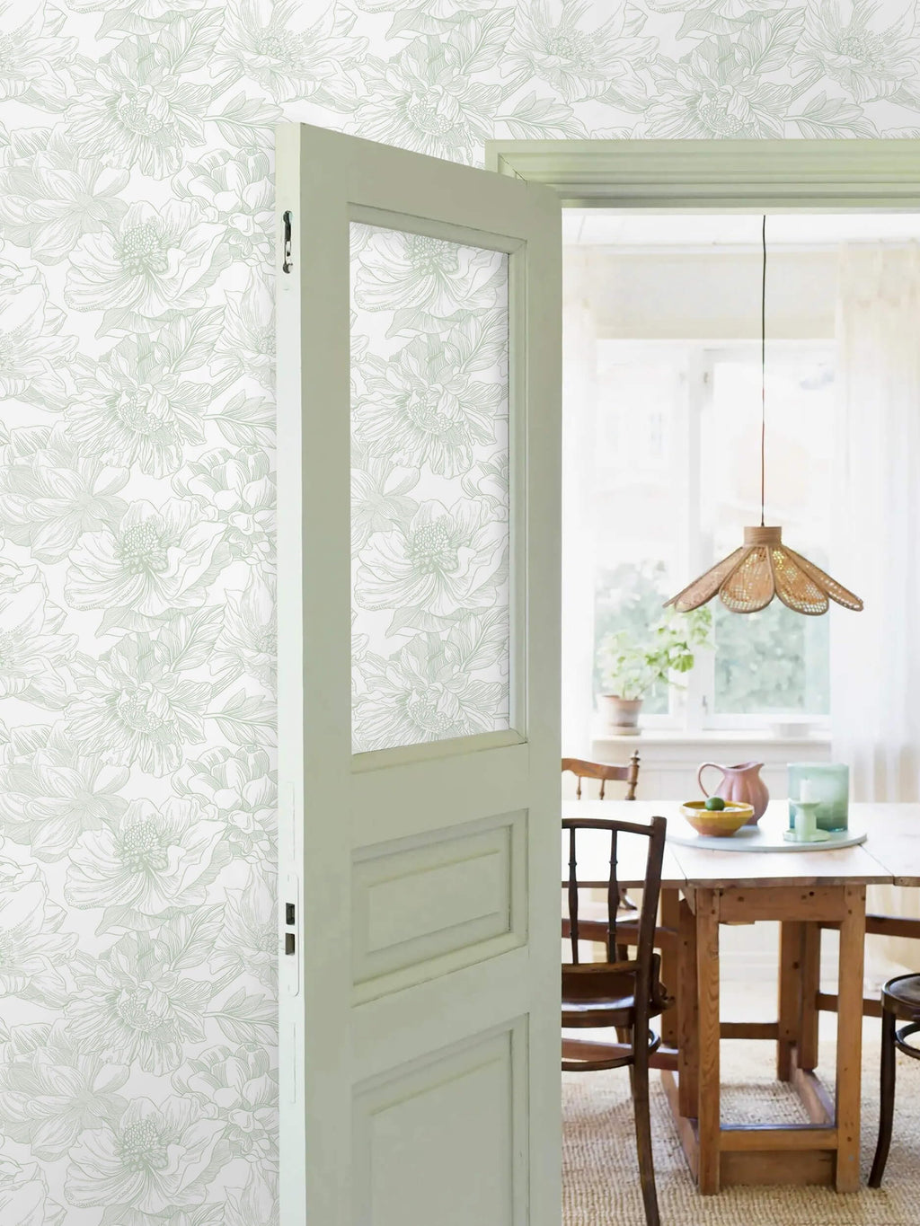 Ismoon Large Floral Peel and Stick Wallpaper Boho White and Green Contact Paper 17.3inx32.7ft Modern Wall Paper Removable Self Adhesive Vinyl Wallpaper for Bedroom Cabinet Bathroom Mural Wall Decor