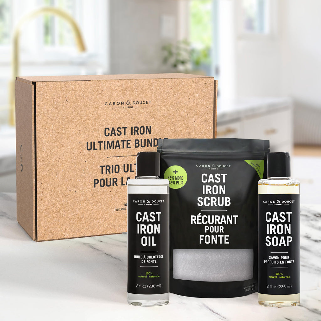 CARON & DOUCET – New Ultimate Cast Iron Set: Seasoning Oil, Cleaning Soap & Restoring Scrub | 100% Plant-Based & Best for Cleaning Care, Washing, Restoring & Seasoning Skillets, Pans & Grills!